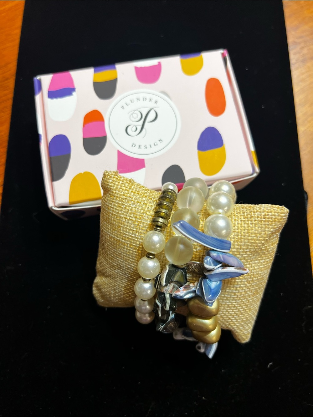 Plunder Mixed Pearl & Metallic Stretch Bracelet Set - Gold, Blue, Cream